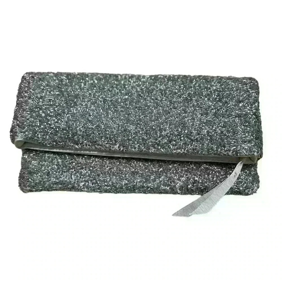 BANANA REPUBLIC grey silver Beaded Satin Fold-Over Clutch Bag - Picture 1 of 12
